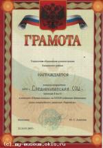 Грамота за 1 место в конкурсе "Первая помощь" на 39 финальных играх "Зарница"- 2007 г.